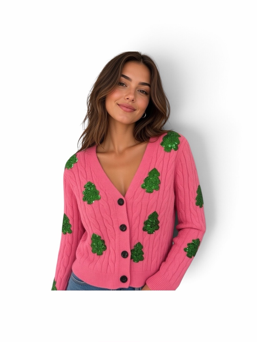 Grace + Emma M Pink Cable Knit Cardigan Green Sequin Christmas Tree Sweater S/M